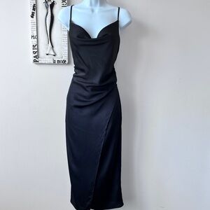 Pookie & Sebastian Black Satin Slip Maxi Cocktail Dress Size L